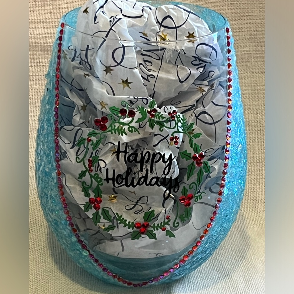 Happy Holidays Blinged Out Stemless Wine Glass.